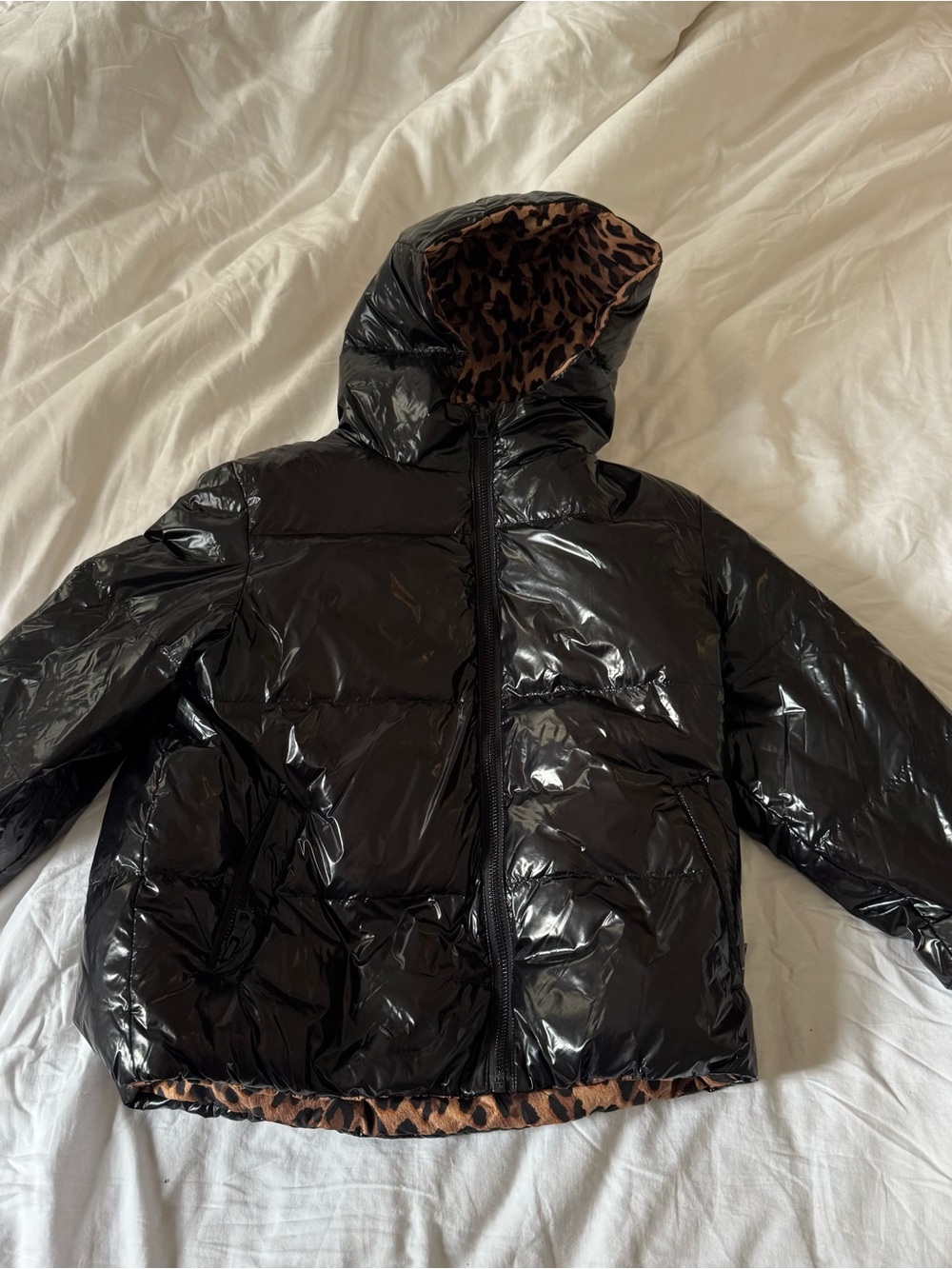 Alice + Olivia Durham Black Leopard Print Reversible Puffer Jacket